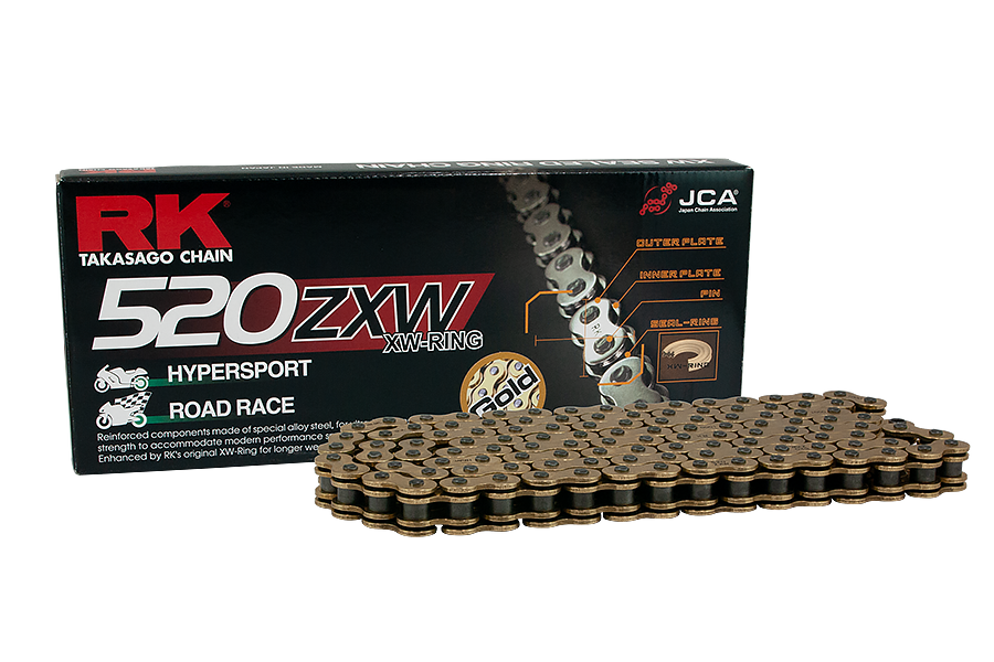 RK Cadena 520ZXW con 120 Eslabones Enganche para Remachar en Color Oro