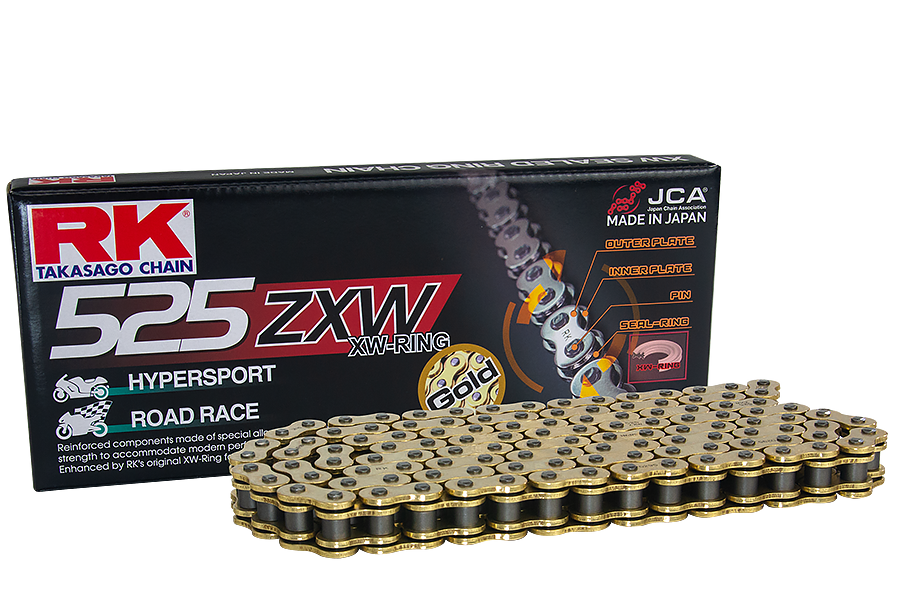 RK Cadena 525ZXW con 120 Eslabones con Enganche para Remachar en Color Oro